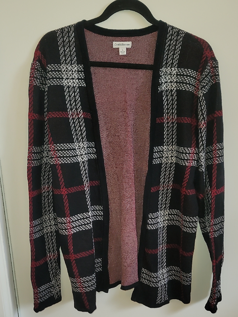 croft & barrow Black Plaid Open-Front Cardigan Sweater - Red & White Accents